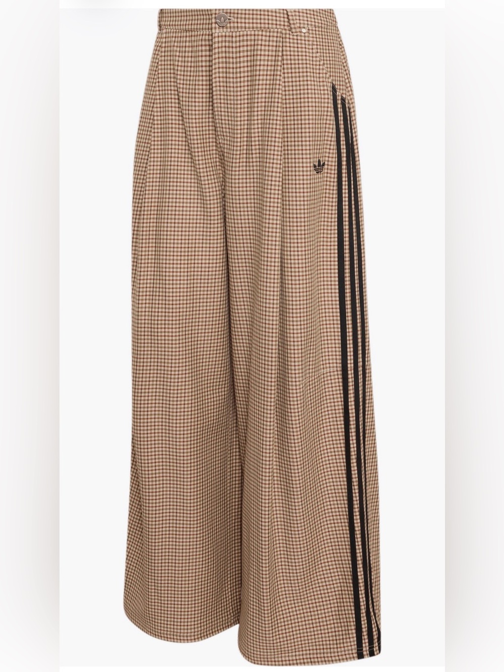 adidas Tan Brown Checked Wide Leg Pants with Black Side Stripes - Picture 2 of 8